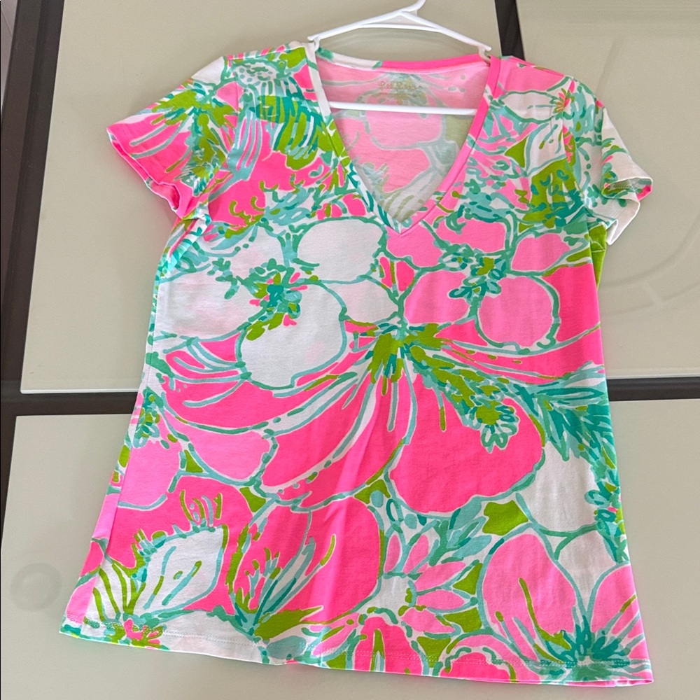 Lilly Pulitzer Pink and Green Floral V-Neck Top